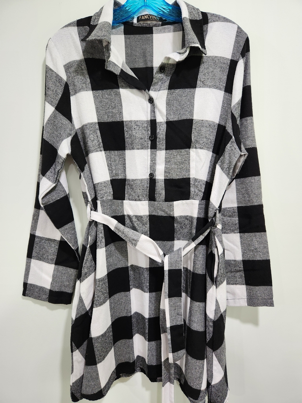 Fancyinn Black and White Buffalo Plaid Button-Up Shirt Dress with Tie Belt